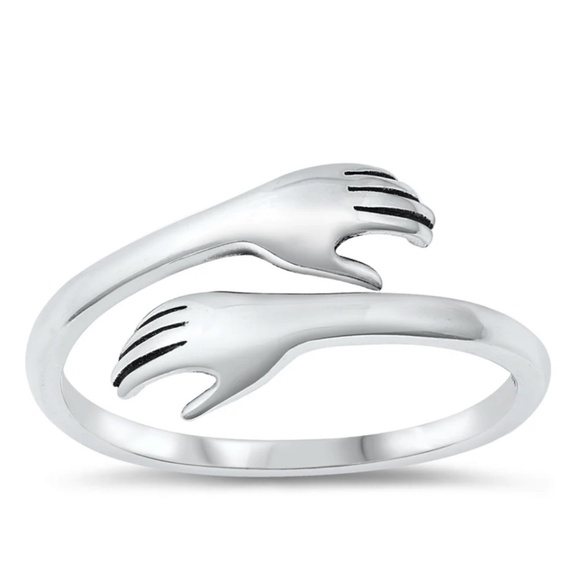 Sterling Silver Hugging Hands Ring – Size 10 – 10 mm Face Height - Picture 1 of 1